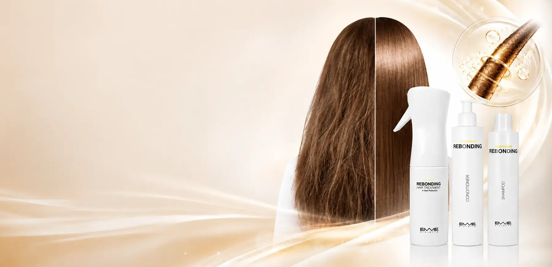 Before and after hair transformation showing frizzy hair turned smooth and shiny, featuring Emme Diciotto Rebonding spray, conditioner, and shampoo.slider_item_ENM96W