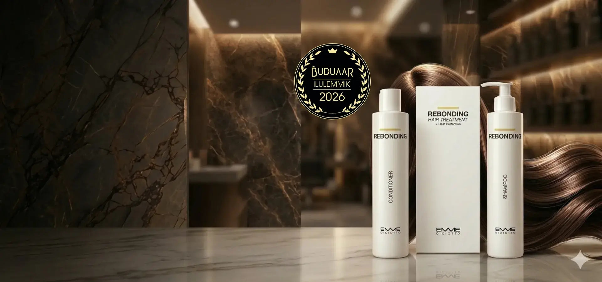 Award-winning Emme Diciotto Rebonding hair care products set on a luxury marble counter.1621243260e1af0c20-2