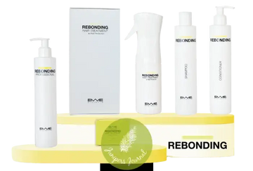 Emme Diciotto Rebonding hair care set with shampoo, conditioner, spray, and professional treatment bottles.